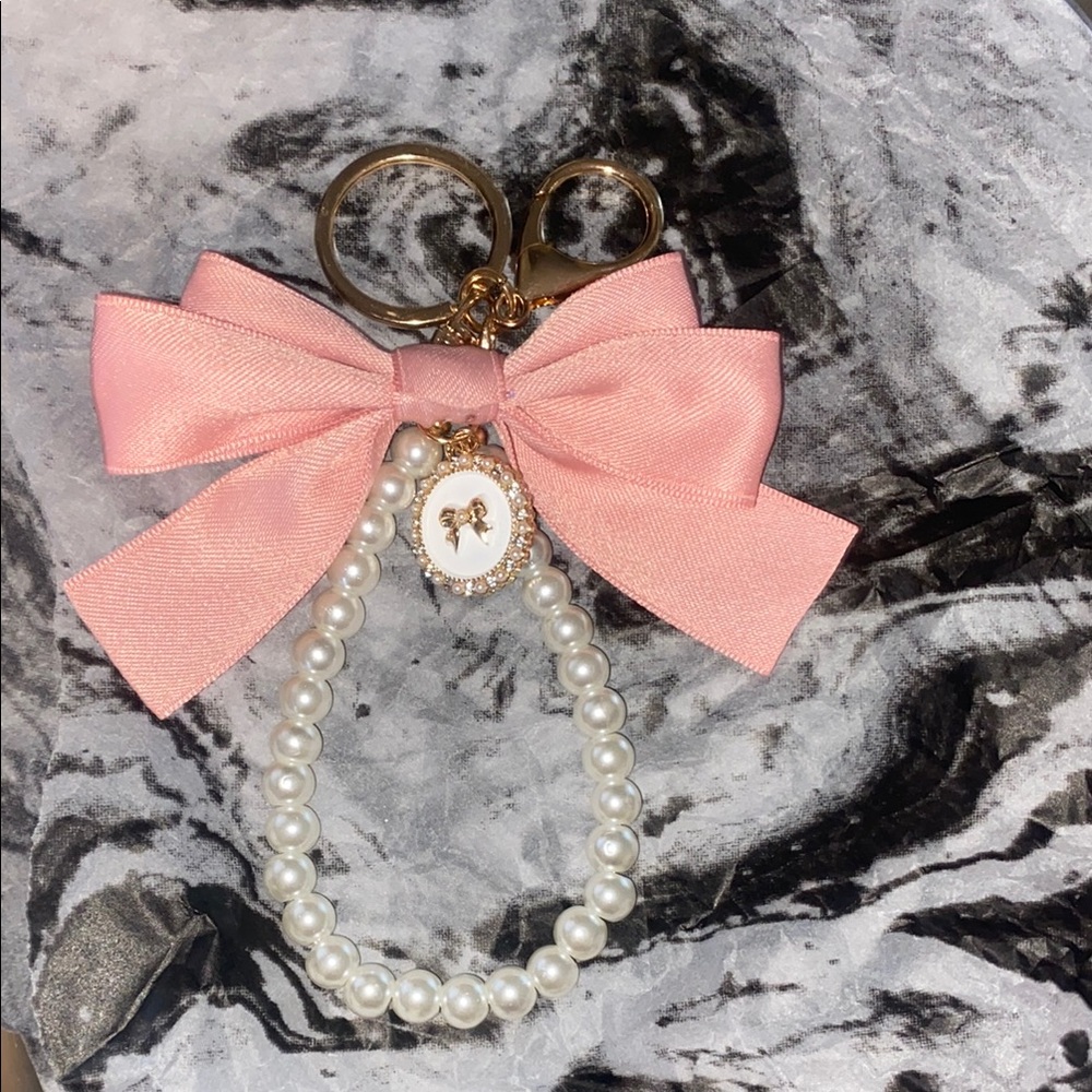 Pink and White Bow Key and bag charm with Pearl Charm